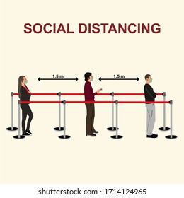 illustration or vector of some people who use masks waiting in line to shop at supermarkets and socialize
The concept of physical distance. Save at least one and a half meters from the others to prote