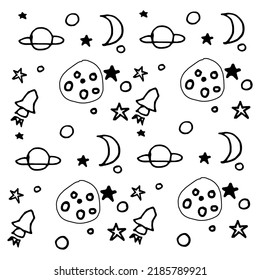 illustration Vector of space seamless pattern with planets, rocket, and stars. Hand drawn doodle astronomical background