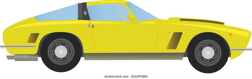 Illustration Vector Sport Car Yellow, Side View With Shadow Under The Car And Closed Doors