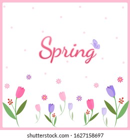 Illustration vector of spring background design with pink tulip flowers and butterfly