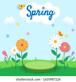 Illustration vector of spring season design with display stand decorated with tulip flowers and butterfly on meadow background.