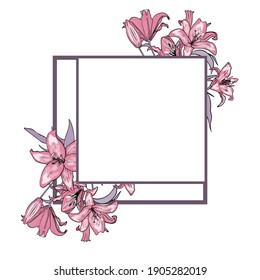 Illustration vector square frame with tiger lilies. Summer floristic frame blank for designer, enter text, greeting card