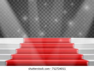 Illustration of Vector Stairs Template. 3D Realistic Vector Winner Stage Stairs with Red Carpet and Bright Light