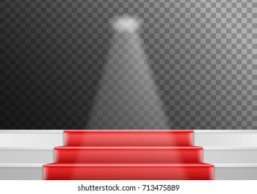 Illustration of Vector Stairs Template. 3D Realistic Vector Winner Stage Stairs with Red Carpet and Bright Light
