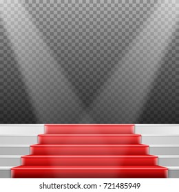 Illustration of Vector Stairs Template. 3D Realistic Vector Winner Stage Stairs with Red Carpet and Bright Light