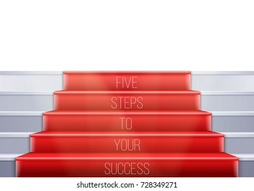 Illustration of Vector Stairs Template. 3D Realistic Vector Winner Stage Stairs with Red Carpet and Bright Light