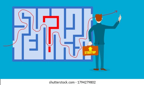 Illustration. Vector. Starting a business needs to solve the problem. A businessman is drawing a line through a maze.