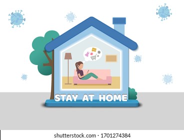 Illustration vector of "stay at home" sign and symbol with a woman is shopping online in house