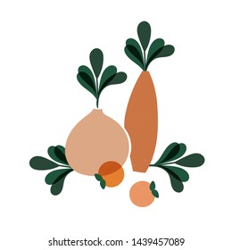 Illustration vector still life in flat style. Two vases and two oranges. Pastel shades. Isolated drawing. Design prints on paper. For postcards, web.