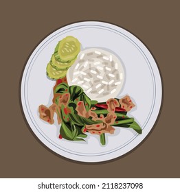 illustration vector Stir fried pock and curry paste placed in a dish on a brown background.