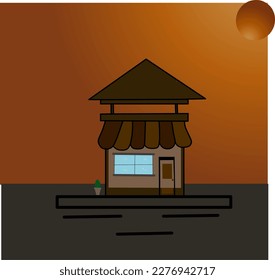 illustration vector store and shop retail street business buildings fronts isolated on sunset background