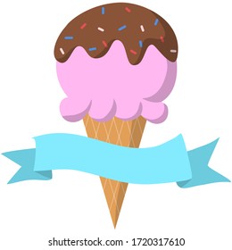 Illustration, vector of strawberry ice cream top with chocolate and sprinkles, blank space for text