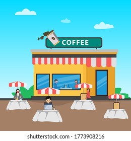 illustration Vector Street Cafe. Coffeeshop. City cafe. Urban spring summer landscape. 