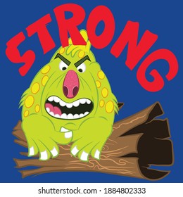 Illustration vector strong monster with wood, text and background