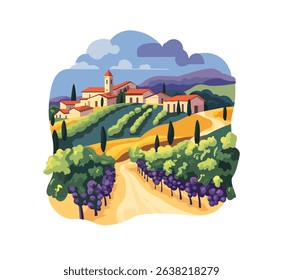 Illustration in vector style of vineyard in Italy, landscape.
