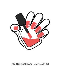 Vetor de ilustração elegante dedo unha, mãos femininas bonitas segura a garrafa de esmalte de unha. Unhas vermelhas. Ilustrações de manicura isoladas em transparente