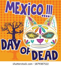 Illustration Vector Sugar Skull Cat In Style Day Of Dead Of Mexico Celebration And Text.