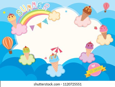 Illustration vector of summer background design with ice-cream cone various flavors on clouds and rainbow in sky horizon