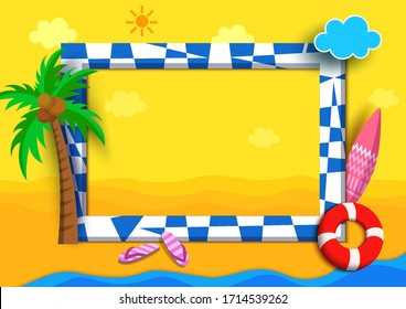 Illustration vector of summer background design with graphic frame and on beach on 3d style.