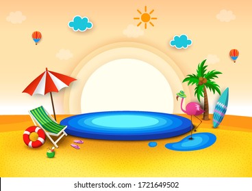 Illustration vector of summer background design with pool party and the beach on 3d style.