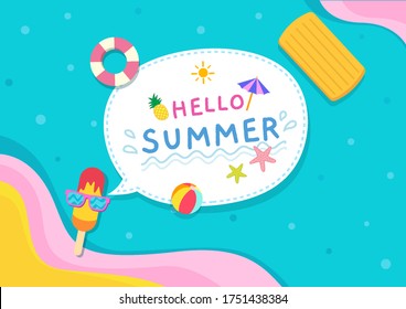 Illustration vector of summer background design with ice cream put on sunglasses on pool party background.