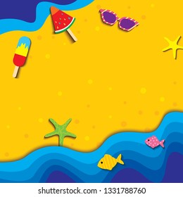 Illustration vector of summer design with ice cream and sunglasses on sea beach background.