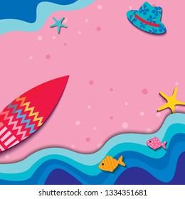 Illustration vector of summer design with surfboard and hawaii hat on sea beach background.