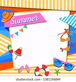 Illustration vector of Summer frame decorated with accessories on colorful background.