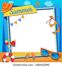 Illustration vector of summer frame design with accessories on blue, orange backgroune.