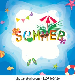 Illustration vector of summer holiday design with typography text on beach and water wave of the sea background.