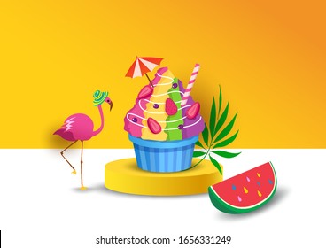 Illustration vector of summer shaved ice decorated with flamingo and watermelon on yellow background 3d style
