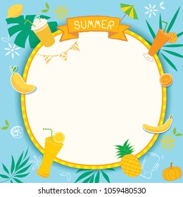 Illustration vector of summer template design with yellow fruits and drinks on blue background.