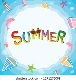 Illustration vector of summer text design with aquatic animal and sea wave border.