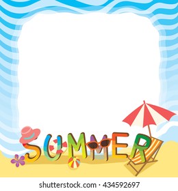 Illustration Vector Of Summer Text Design With Beach Of Sea Border.Blank For Your Text Or Message.