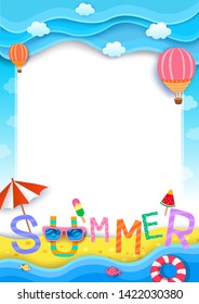 Illustration vector of summer typography  design with beach background to paper art style