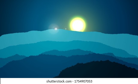 Vector de ilustración de una vista de puesta de sol en el fondo simple del bosque. Vector de ilustración simple 