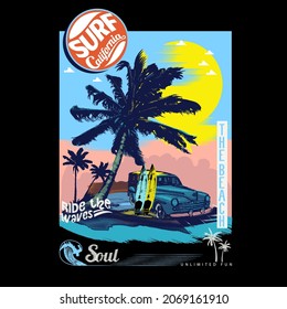 Illustration of vector surf van with surfboards, beach sky in California  . For t-shirt prints and other uses.