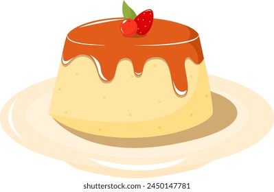 Illustration of Vector Sweet Cheese Pudding With Honey Sauce and Garnished by Cherry and Strawberry