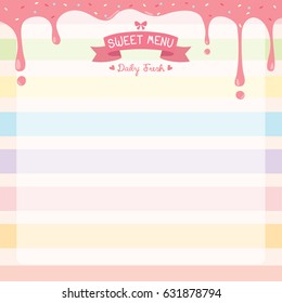 Illustration vector of sweet dessert menu template decorated with pink strawberry syrup,toppings and ribbons on colorful pastel background.