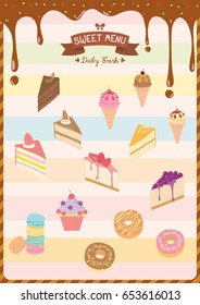Illustration vector of sweet dessert menu decorated with chocolate syrup,toppings on colorful pastel vertical background.
