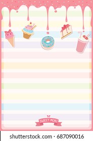 Illustration vector of sweet dessert menu template decorated with pink strawberry syrup,toppings and icon on colorful pastel vertical background.