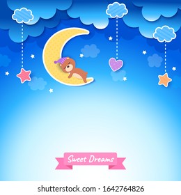 Illustration vector of sweet dreams design with cloud and bear on the moon on blue background 