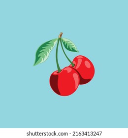 Illustration vector of sweet red cherry with nice blue background. Perfect for kid educational like flashcard, nutrition product, food and drink product, farming product, etc.