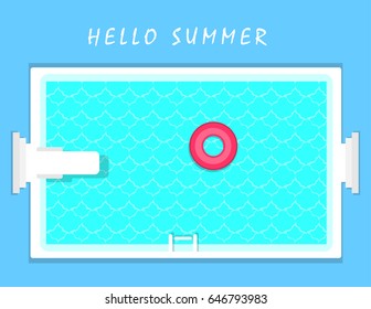 illustration vector of swimming pool and red life ring top view on hello summer concept