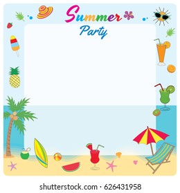 Illustration vector symbol of summer party decorated to frame on beach background design for template.