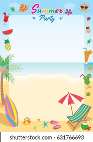 Illustration vector symbol of summer party decorated to frame on beach background design for vertical template.