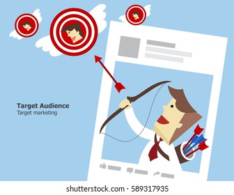 Illustration vector of target audience as online social media marketing concept. Teen business on page is shooting flying target group of consumer by archer and arrow.