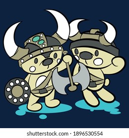 Ilustración vectores de osito de peluche viking con amigo y fondo para el diseño de moda u otros productos.