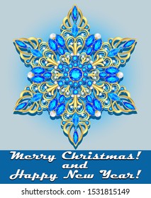 Illustration vector template for greeting New Year and Christmas card with golden snowflake with precious stones