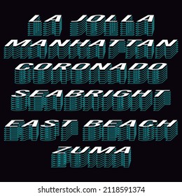 Illustration vector text california beach names with abstract background fashion design
